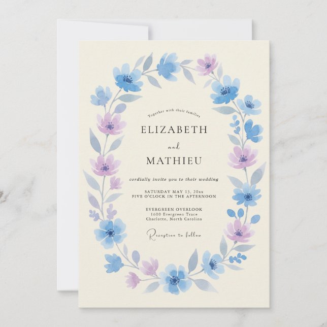 Invitation Mariage Laurier Fleur Bleu Ciel (Devant)