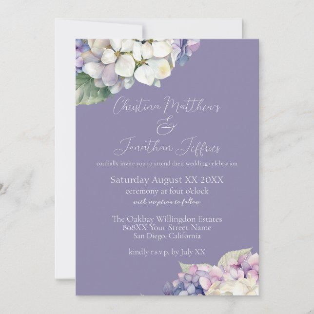 Invitation Mariage Lavande aux Hortensias Violets et Blancs (Devant)