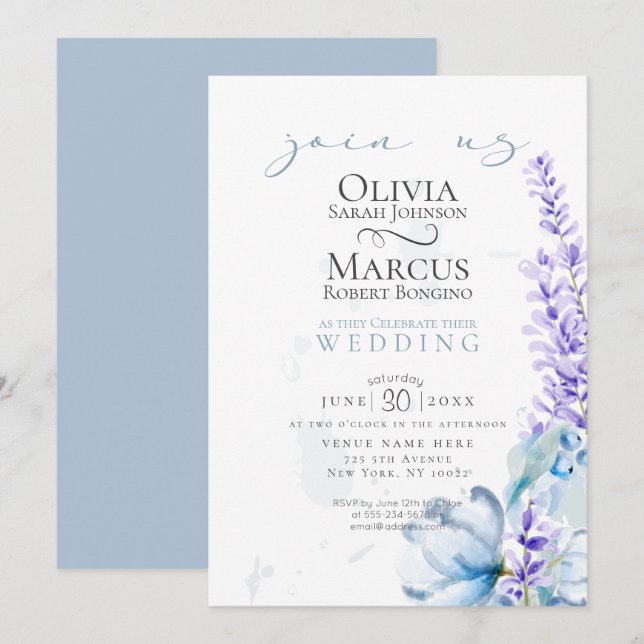 Invitation Mariage | Lavande d'aquarelle - Flore bleu poussié (Devant / Derrière)