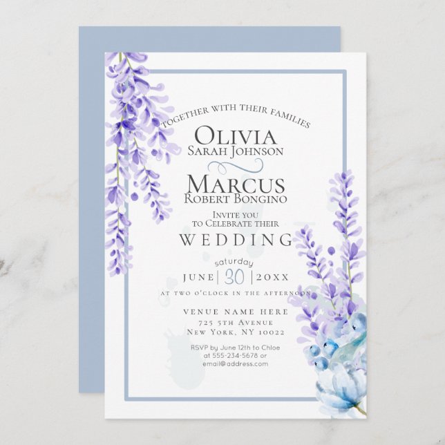 Invitation Mariage | Lavande d'aquarelle - Flore bleu poussié (Devant / Derrière)