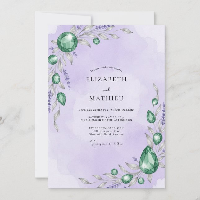 Invitation Mariage Lavande Émeraude Bijou Eucalyptus (Devant)