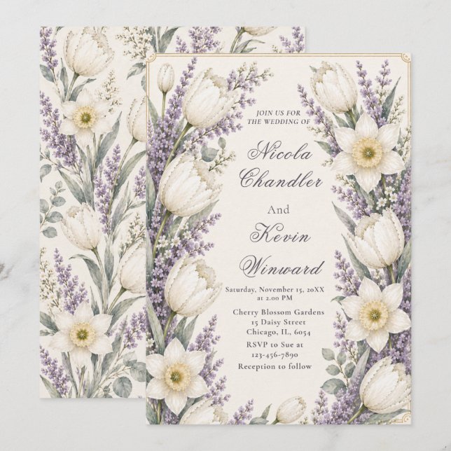 Invitation Mariage Lavande et Ivoire (Devant / Derrière)