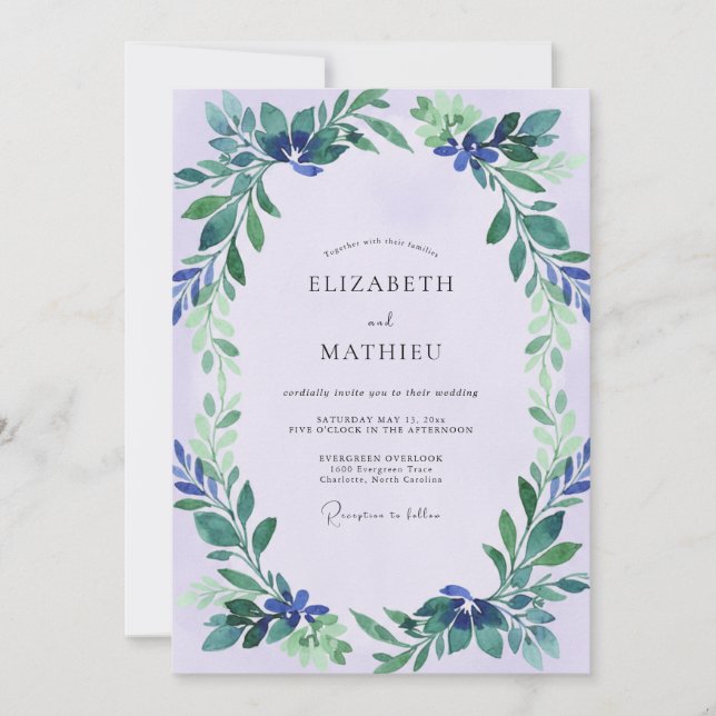 Invitation Mariage Lavande Indigo Feuillage Eucalyptus (Devant)