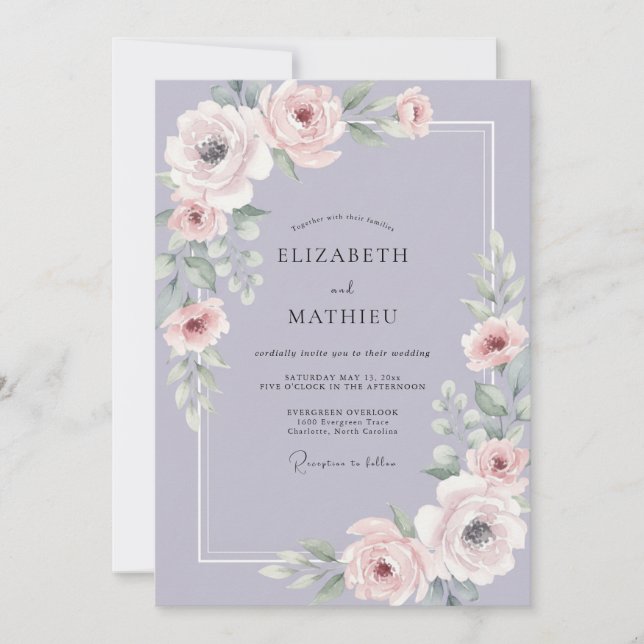 Invitation Mariage Lavande Mauve Ranunculus Eucalyptus (Devant)