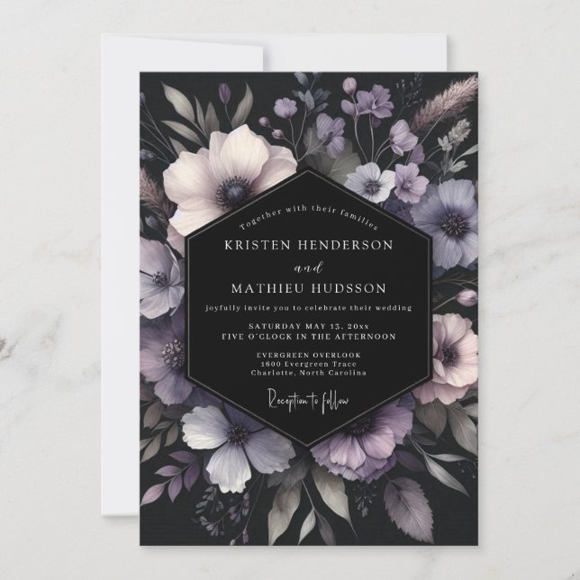Invitation Mariage Lavande Noir Bloom (Devant)
