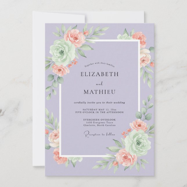 Invitation Mariage Lavande Pêche Paeonie (Devant)