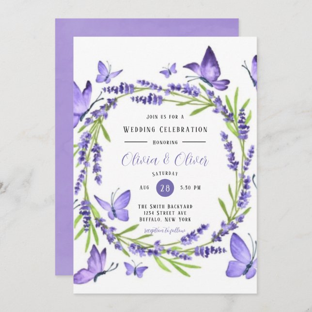 Invitation Mariage Lavande Wisteria Et Papillons (Devant / Derrière)