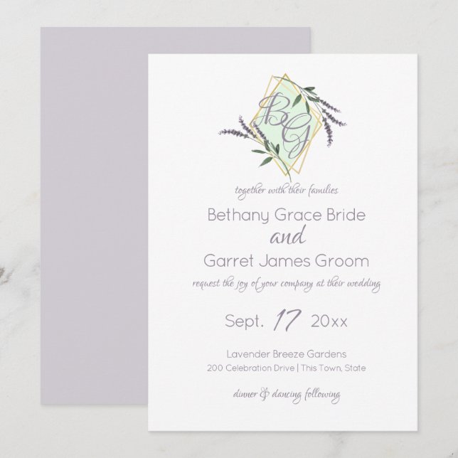 Invitation Mariage Lavender et Sage Monogram (Devant / Derrière)