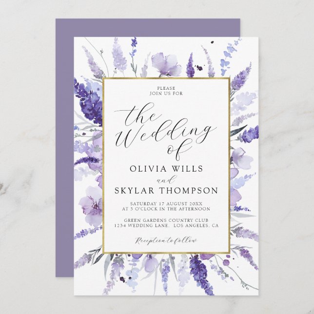 Invitation Mariage Lavender Gold Frame Floral Violet Lilac (Devant / Derrière)