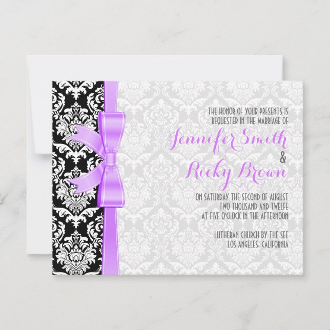 Invitation Mariage Lavender Ruban Noir Et Blanc Damas (Devant)