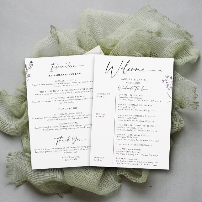 Invitation Mariage Lavender Week-end 3 Jours Calendrier Éléga (lavender wedding weekend schedule itinerary provence wreath modern classic elegant watercolor theme)