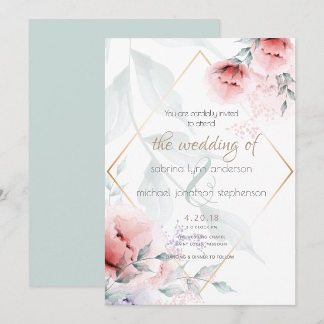 Invitation Mariage | Les pivoines de Coral et Lilac Aquarelle (Devant / Derrière)