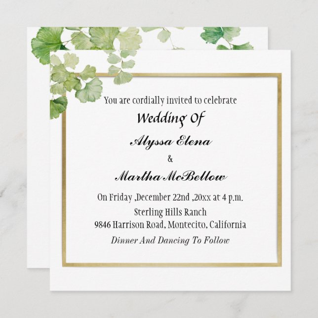 Invitation Mariage lesbien vintage vert aquarelle (Devant / Derrière)