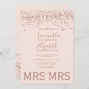 Invitation mariage lesbienne rose de confetti en or bleu rose