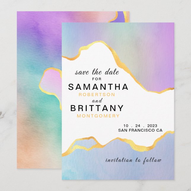 Invitation Mariage LGBT Arc-en-ciel Aquarelle Or Save the Dat (Devant / Derrière)