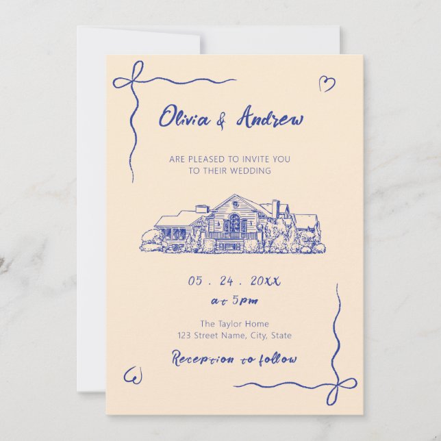 Invitation Mariage Lieu Esquisse Dessinée à la Main Bleue (Devant)