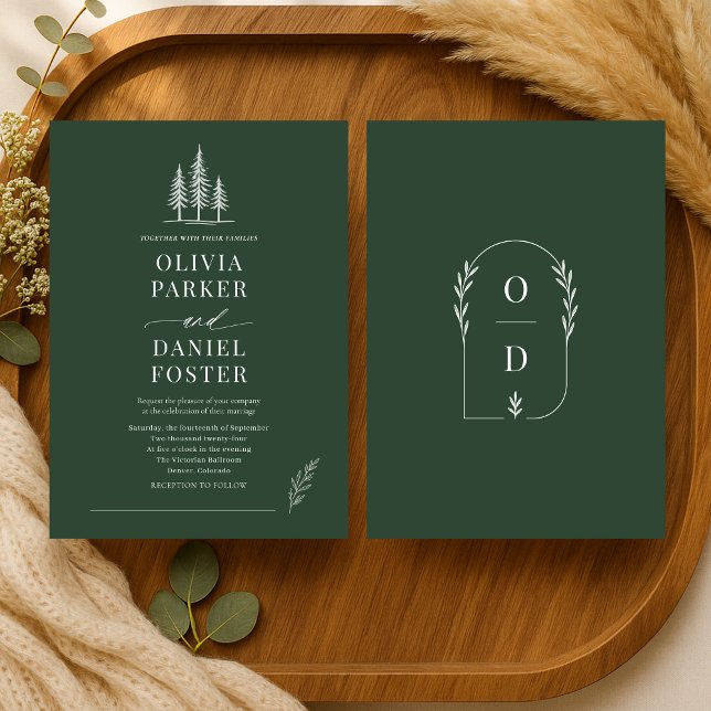 Invitation Mariage Ligne Artistique Vert Forêt Rustique (Créateur téléchargé)