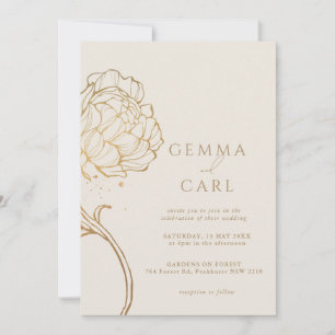 Invitation Mariage ligne d'art moderne pivoine dorée