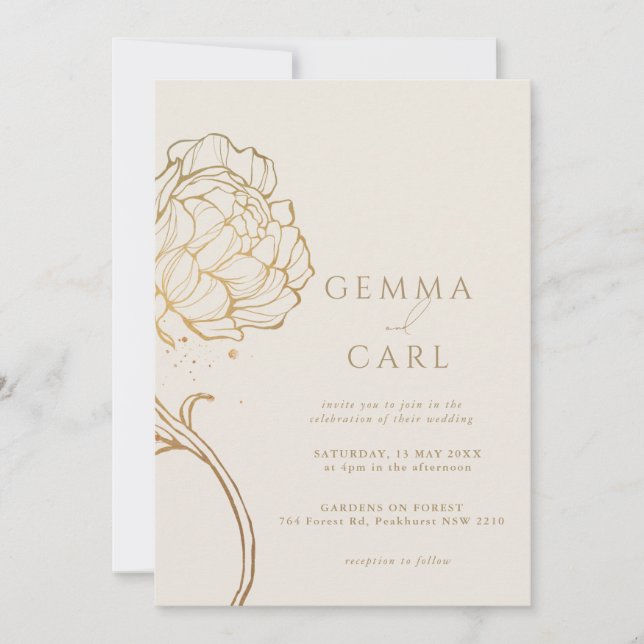 Invitation Mariage ligne d'art moderne pivoine dorée (Devant)