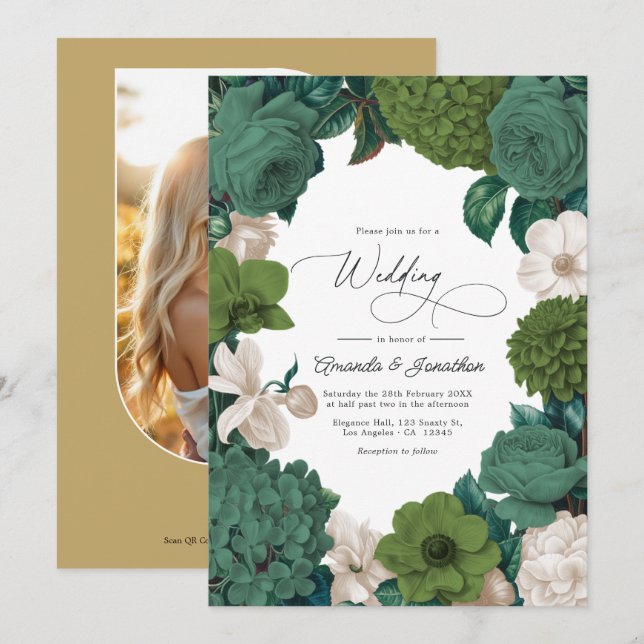 Invitation Mariage Ligne Verte Eucalyptus, Olive Fern & Crème (Devant / Derrière)