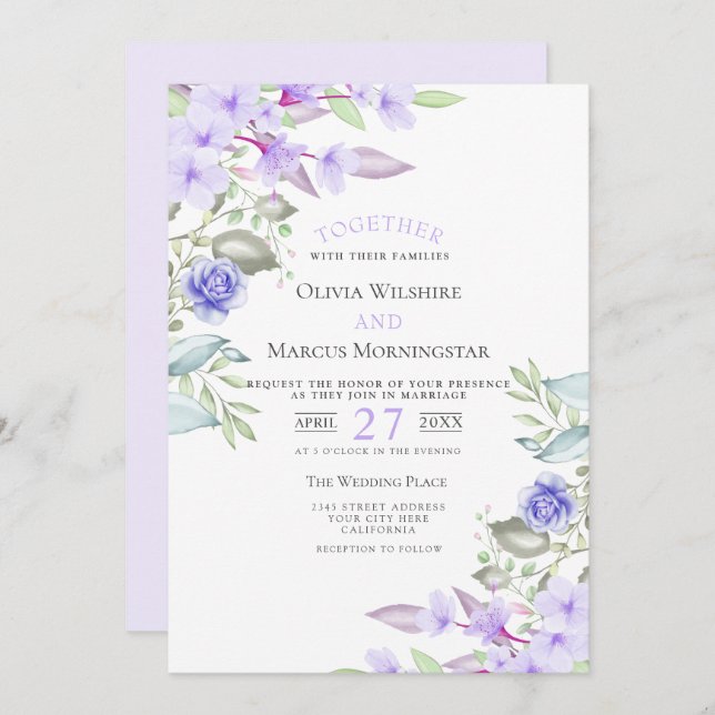Invitation Mariage | Lilac et Fleurs de Jardin Rose (Devant / Derrière)