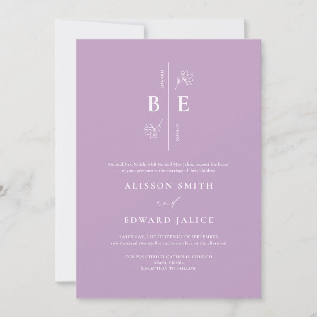 Invitation Mariage Lilac Monogram Crest (Devant)