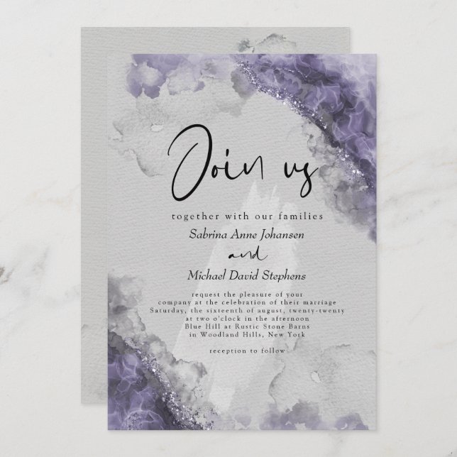 Invitation MARIAGE | Lilac Wisteria Encre Abstraite d'alcool (Devant / Derrière)
