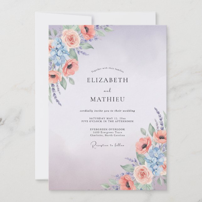 Invitation Mariage Lilas Abricot Ranunculus Eucalyptus (Devant)