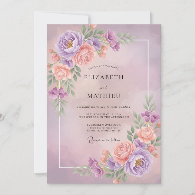 Invitation Mariage Lilas Abricot Ranunculus Eucalyptus Gris (Devant)