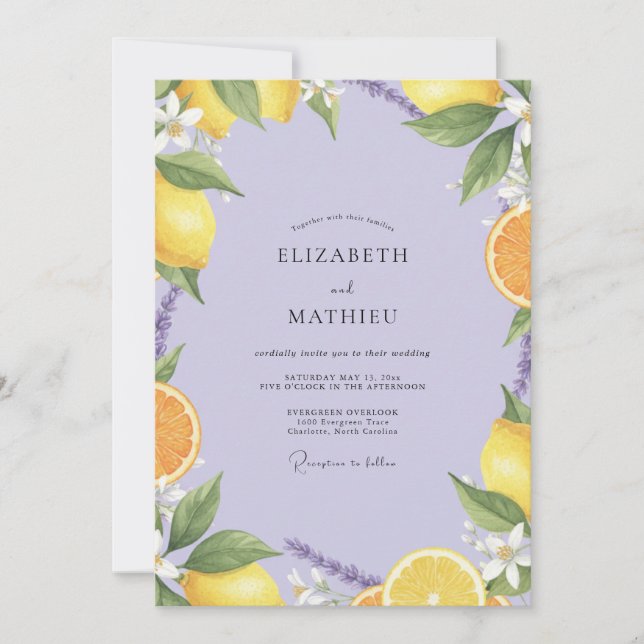 Invitation Mariage Lilas Citron Eucalyptus Poussiéreux (Devant)