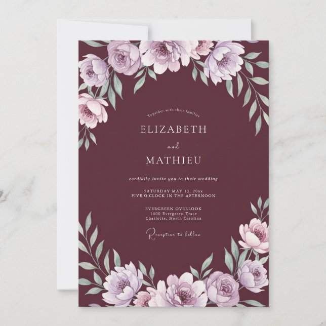 Invitation Mariage Lilas Feuillage Eucalyptus Vin (Devant)