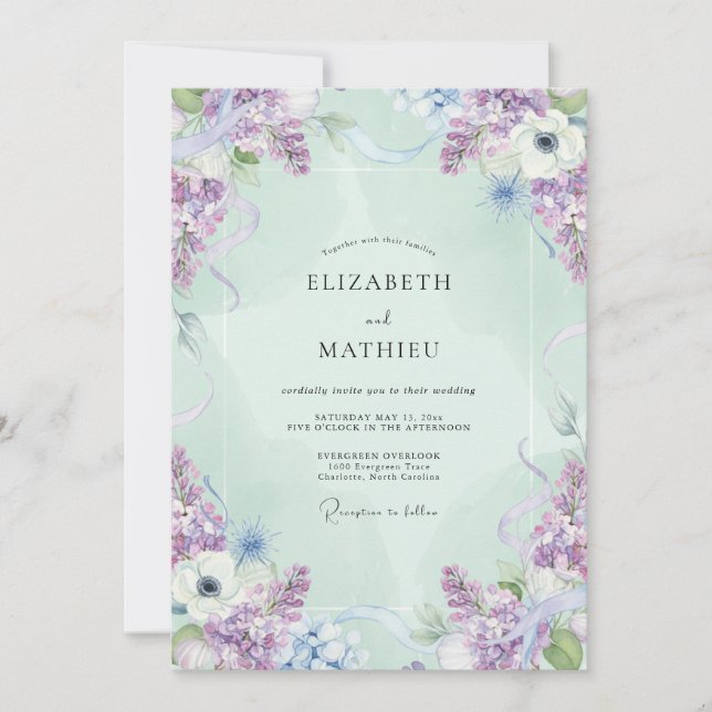 Invitation Mariage Lilas Glycine Menthe (Devant)