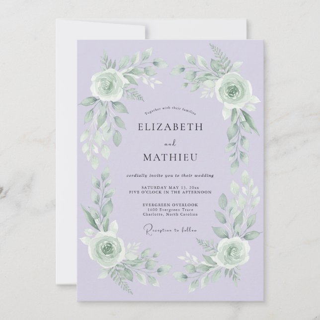 Invitation Mariage Lilas Menthe Feuillage Eucalyptus Poussiér (Devant)