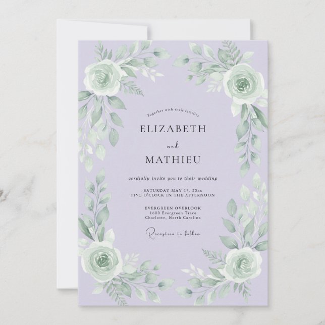 Invitation Mariage Lilas Menthe Feuillage Gris Eucalyptus (Devant)