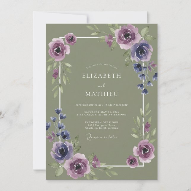 Invitation Mariage Lilas Olive Ranunculus Eucalyptus (Devant)