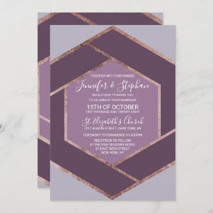 Invitation Mariage lilas violet d'hexagone d'or de rose de