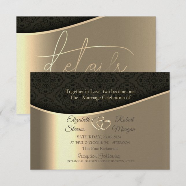 Invitation Mariage & Liste de mariage Black Damask Gold Heart (Devant / Derrière)