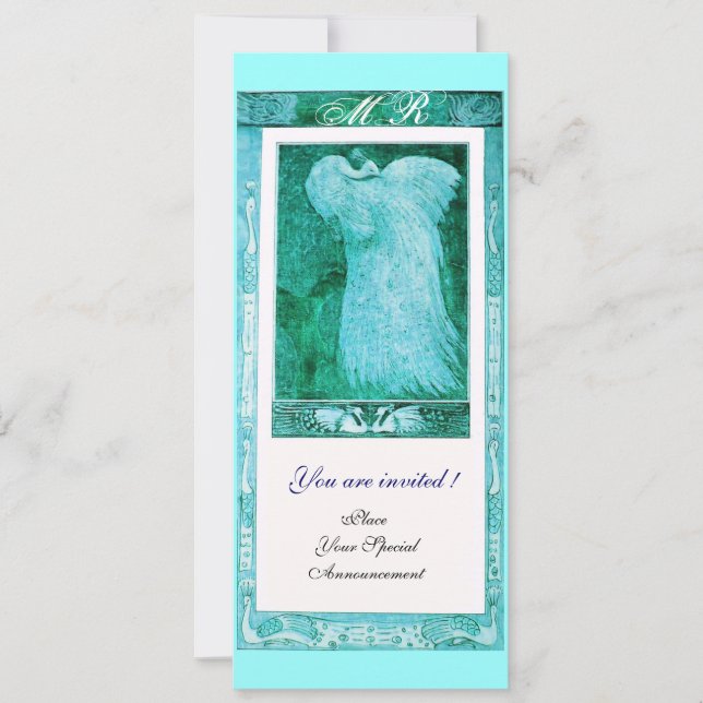 Invitation MARIAGE LOVE PEACOCK MONOGRAM, bleu blanc (Devant)