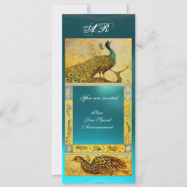 Invitation MARIAGE LOVE PEACOCKS MONOGRAS marron bleu jaune (Devant)