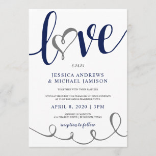 Invitation Mariage Love Script Marine Blue & Grey Heart