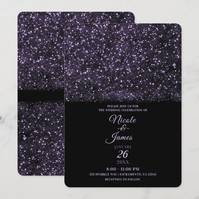Invitation Mariage Lumières Scintillantes Strass Violet (Devant / Derrière)