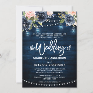 Invitation Mariage lumineux à cordes rustique bleu marine
