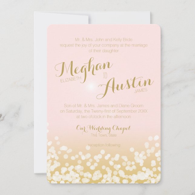 Invitation Mariage lumineux rose et or brillant (Devant)