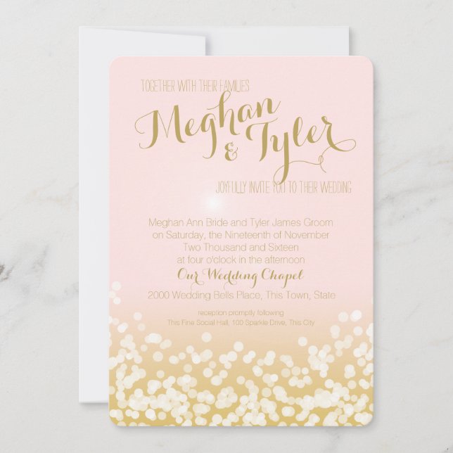 Invitation Mariage lumineux rose et or brillant (Devant)
