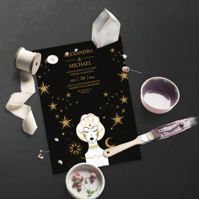 Invitation Mariage Lune Céleste Or Noir Mystique  (Créateur téléchargé)