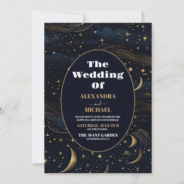 Invitation Mariage Lune Croissante Céleste Or (Devant)