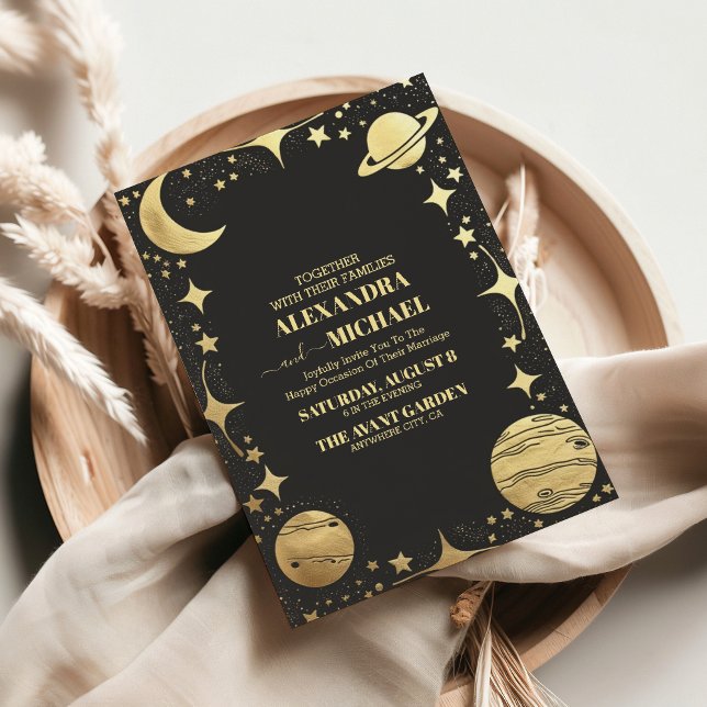 Invitation Mariage Lune Croissante Or Noir Céleste (Créateur téléchargé)