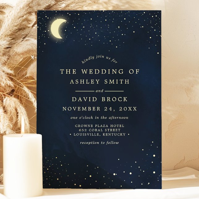 Invitation Mariage Lune Étoiles Bleu Minuit Céleste (Créateur téléchargé)