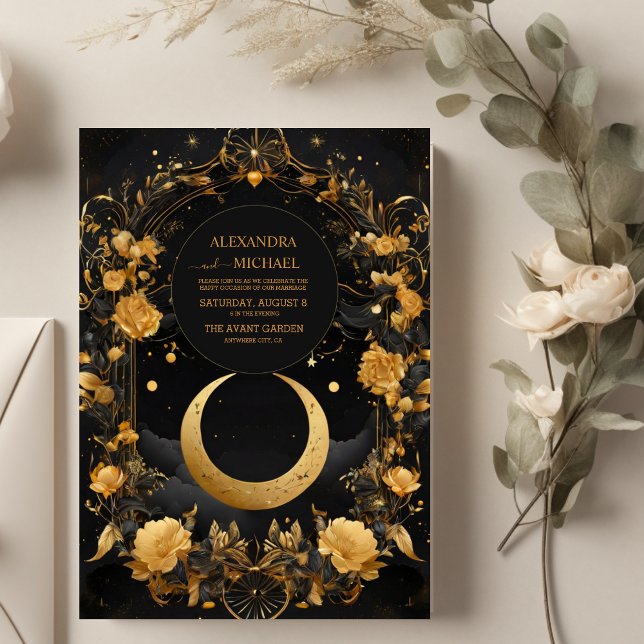 Invitation Mariage Lune & Étoiles Célestes Faux Or (Créateur téléchargé)