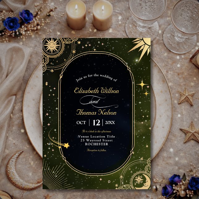 Invitation Mariage Lune Étoiles Soleil Vert Olive Céleste (Créateur téléchargé)